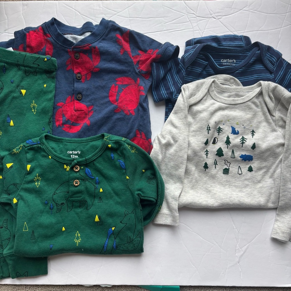 Carter's 12M Baby Boy 5-piece Bundle | With 3 Onesies, 1 Pant & 1 Romper